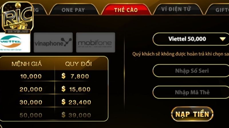 Nạp Tiền Ricwin: Nhiều Phương Thức, Ưu Đãi Hấp Dẫn nạp tiền ricwin